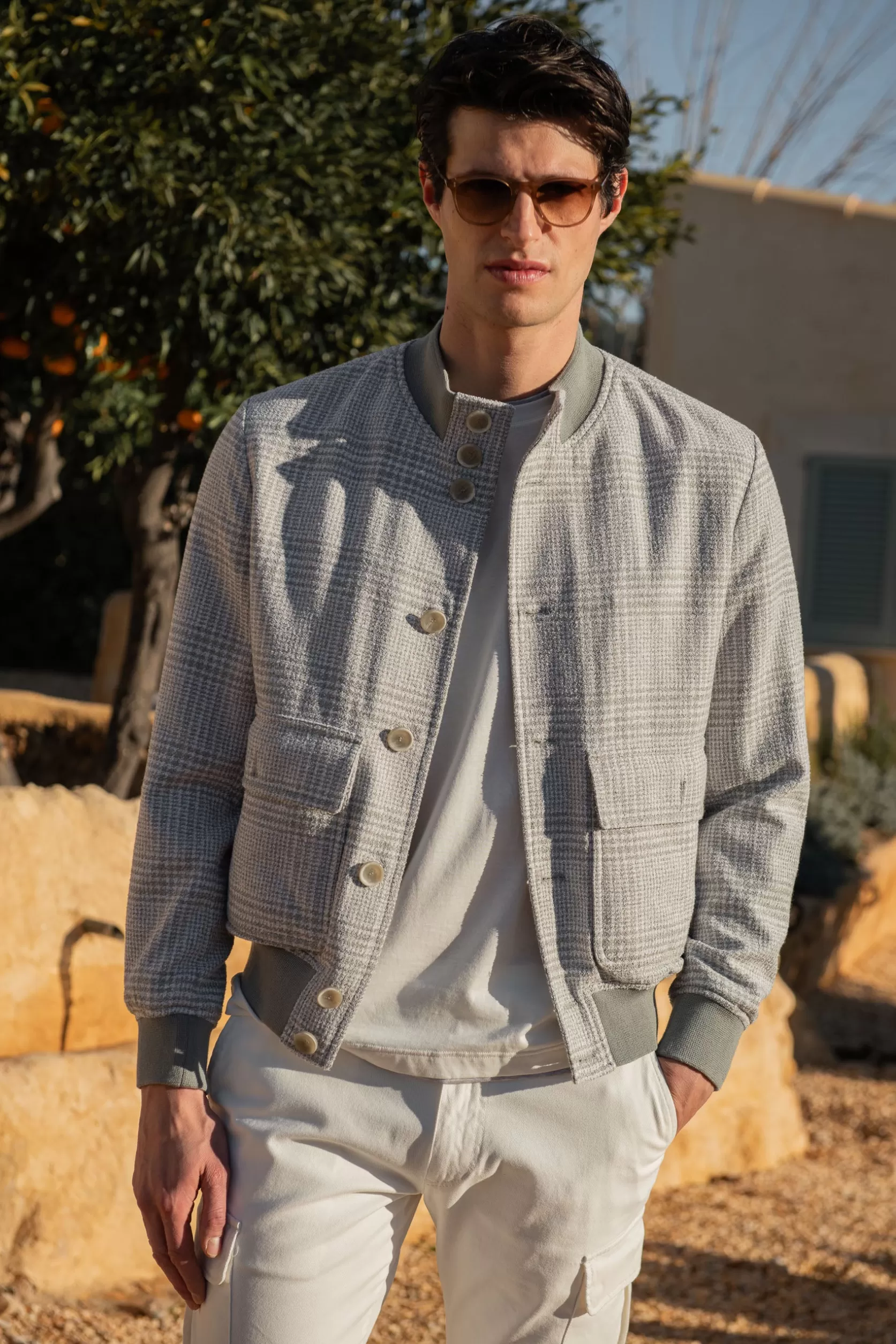 Blouson Aviateur Prince De Galles Gris Clair – Made In Italy>Pini Parma Flash Sale