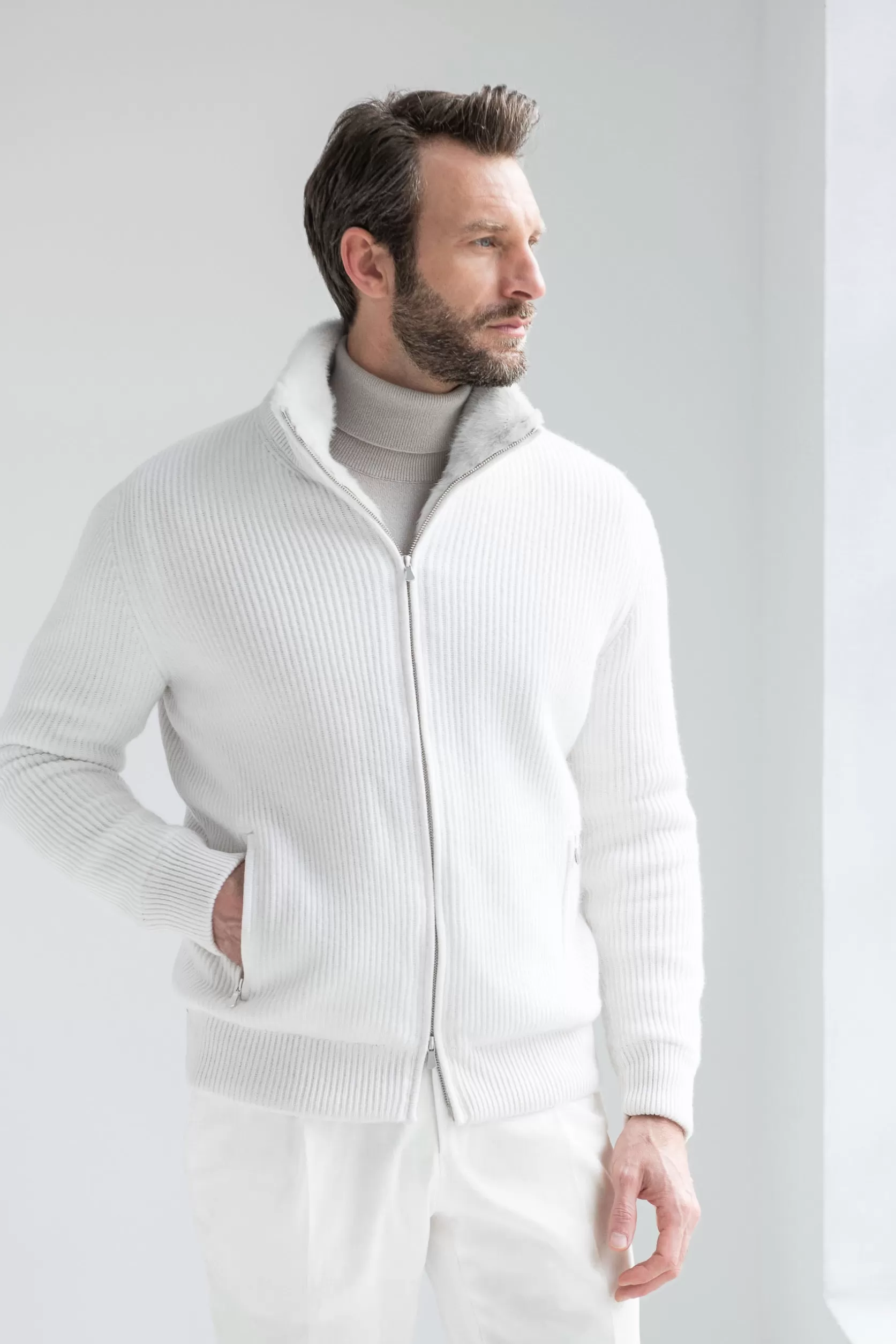 Bomber En Maille De Cachemire Blanc Cassé Cassé Avec Fourrure - Made In Italy>Pini Parma Cheap