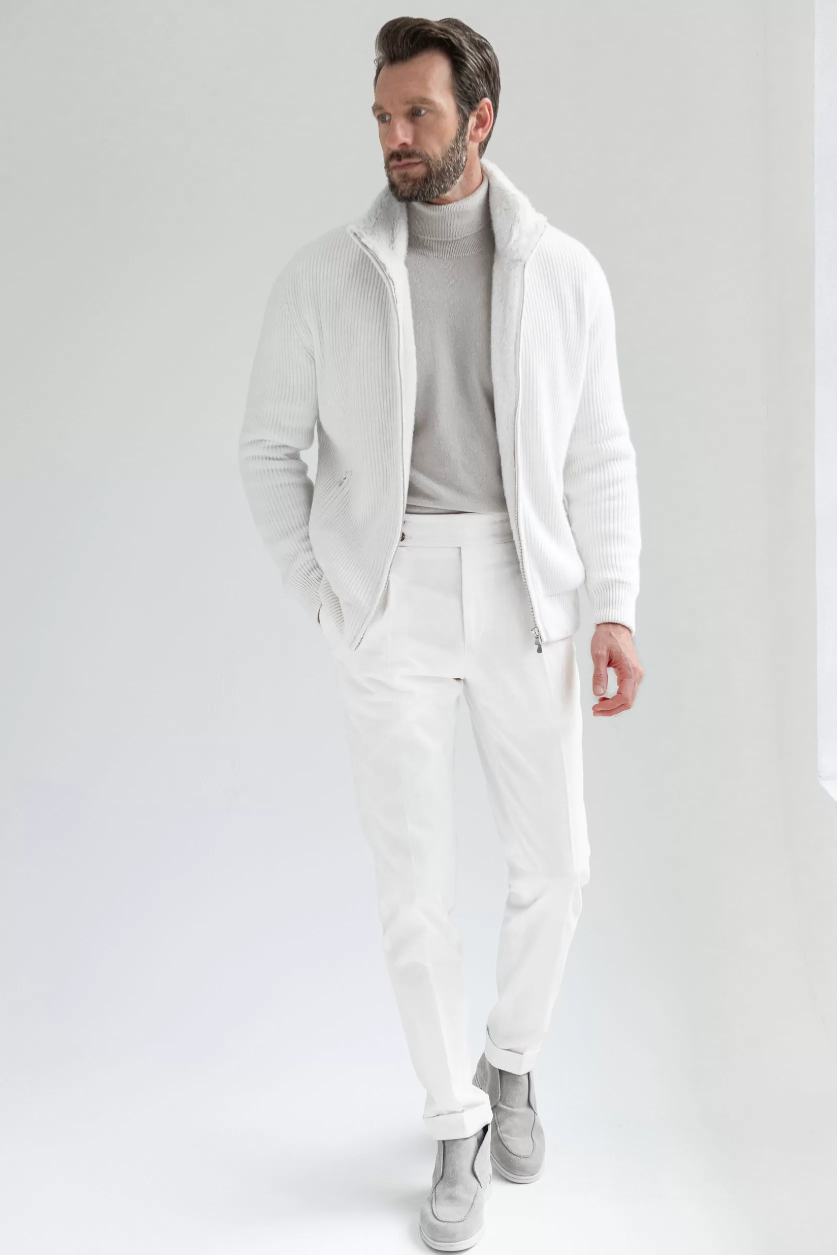 Bomber En Maille De Cachemire Blanc Cassé Cassé Avec Fourrure - Made In Italy>Pini Parma Cheap