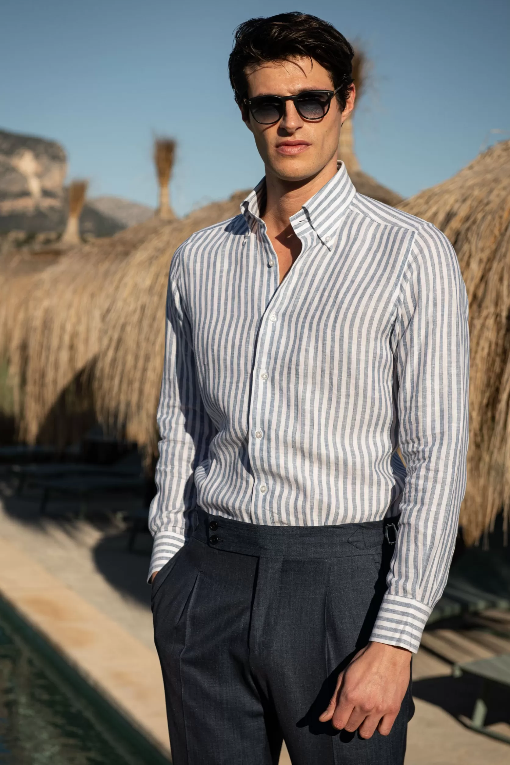 Chemise à Col Boutonné En Lin à Rayures es - Made In Italy>Pini Parma Cheap