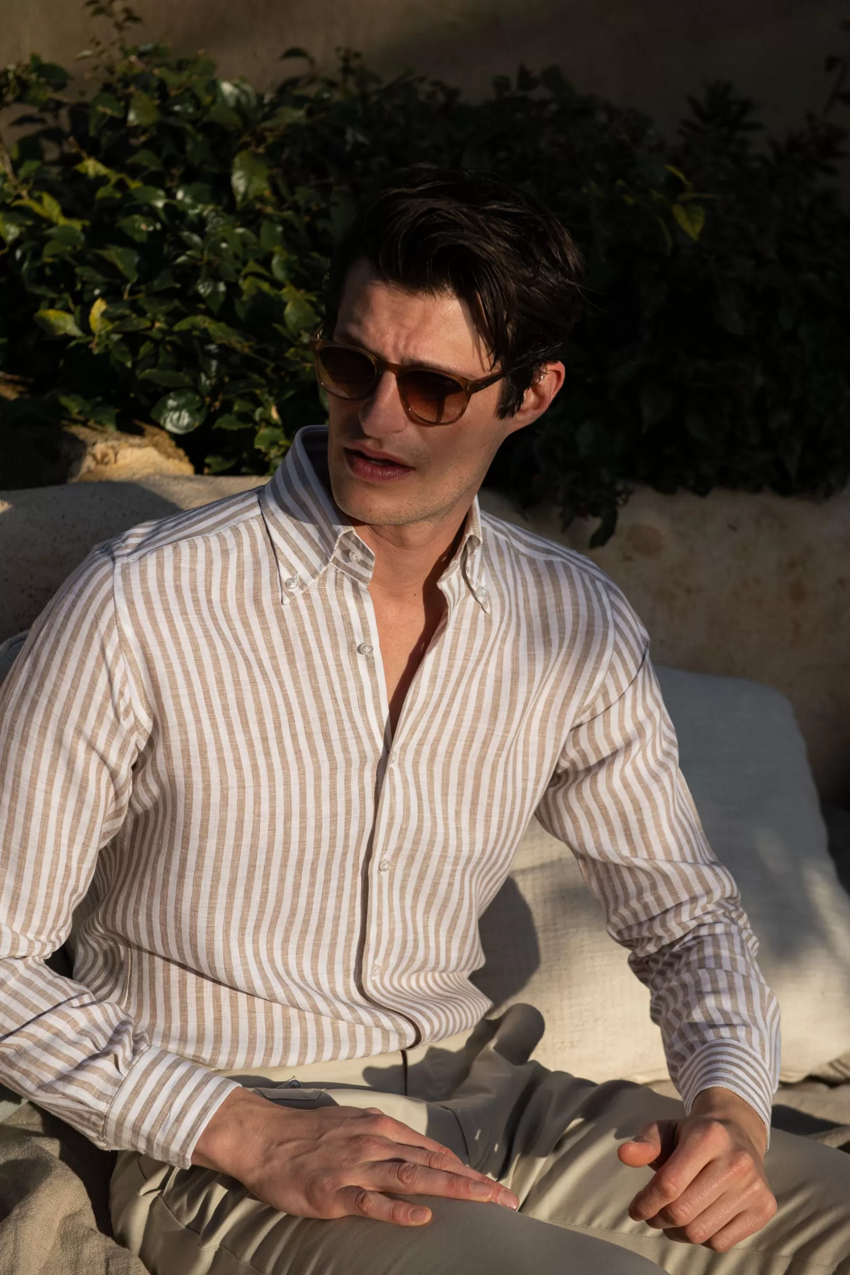 Chemise à Col Boutonné En Lin Rayé - Made In Italy>Pini Parma Discount