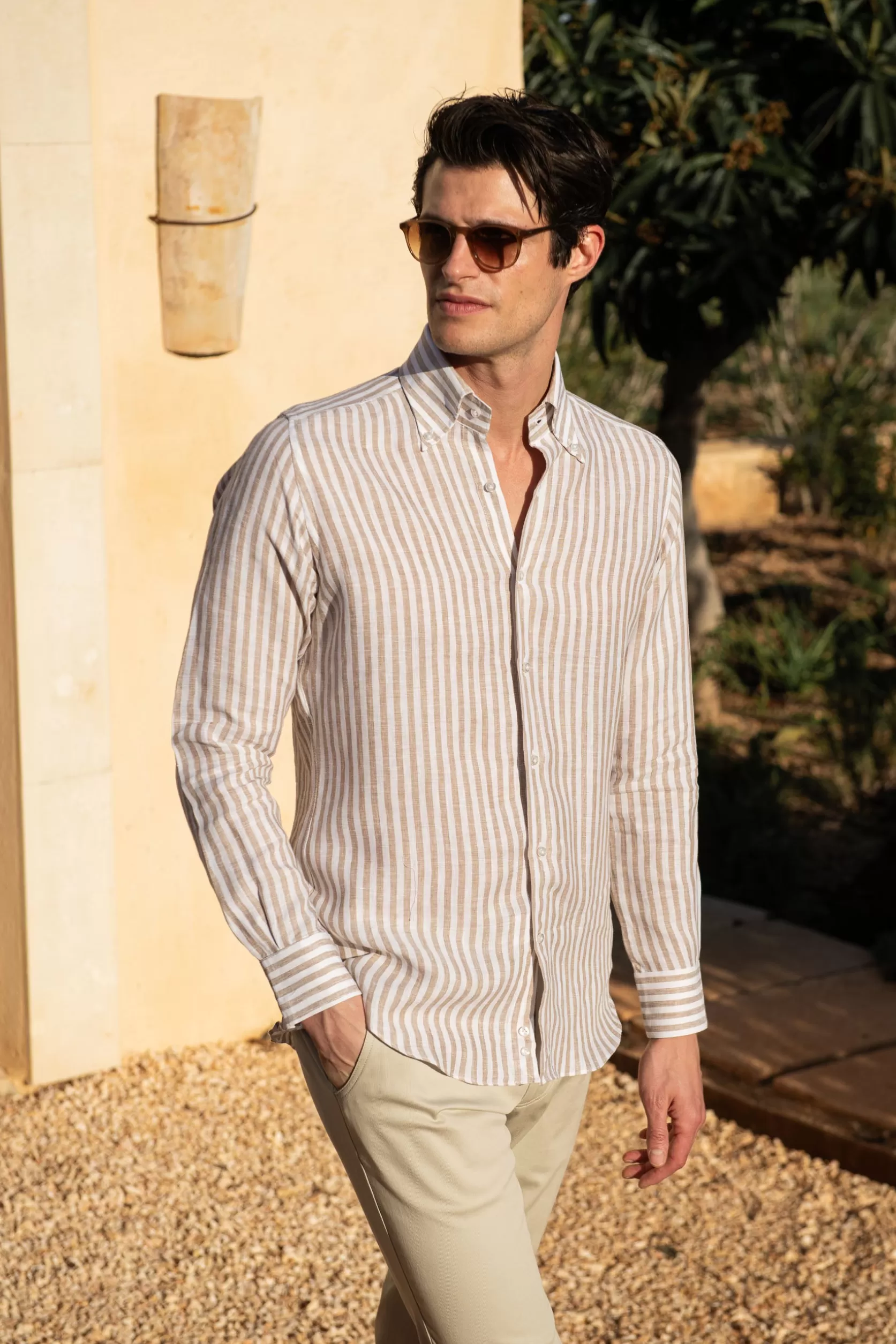 Chemise à Col Boutonné En Lin Rayé - Made In Italy>Pini Parma Discount