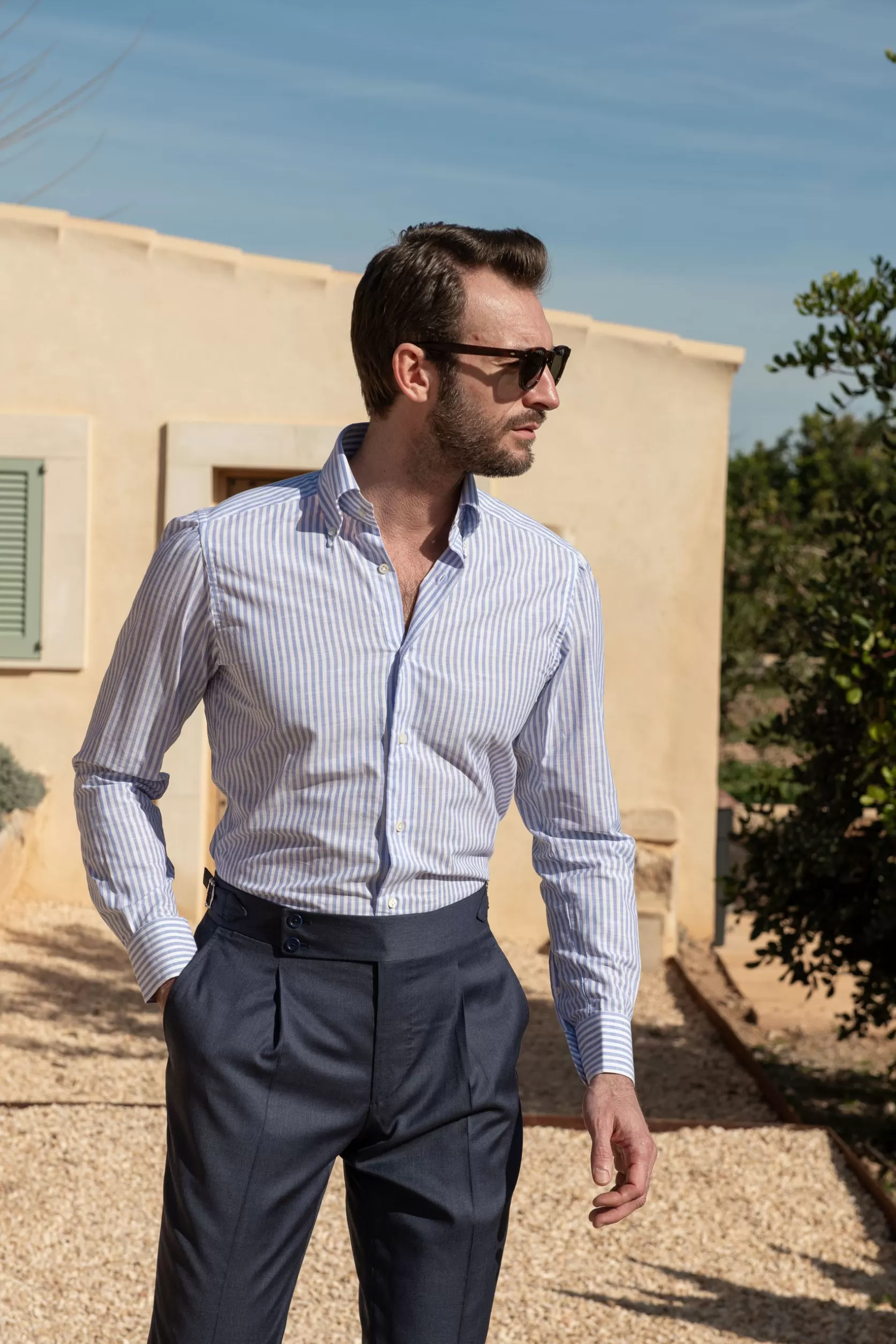 Chemise Boutonnée à Rayures Bleu Clair « Collection Sartoriale » - Made In Italy>Pini Parma Store
