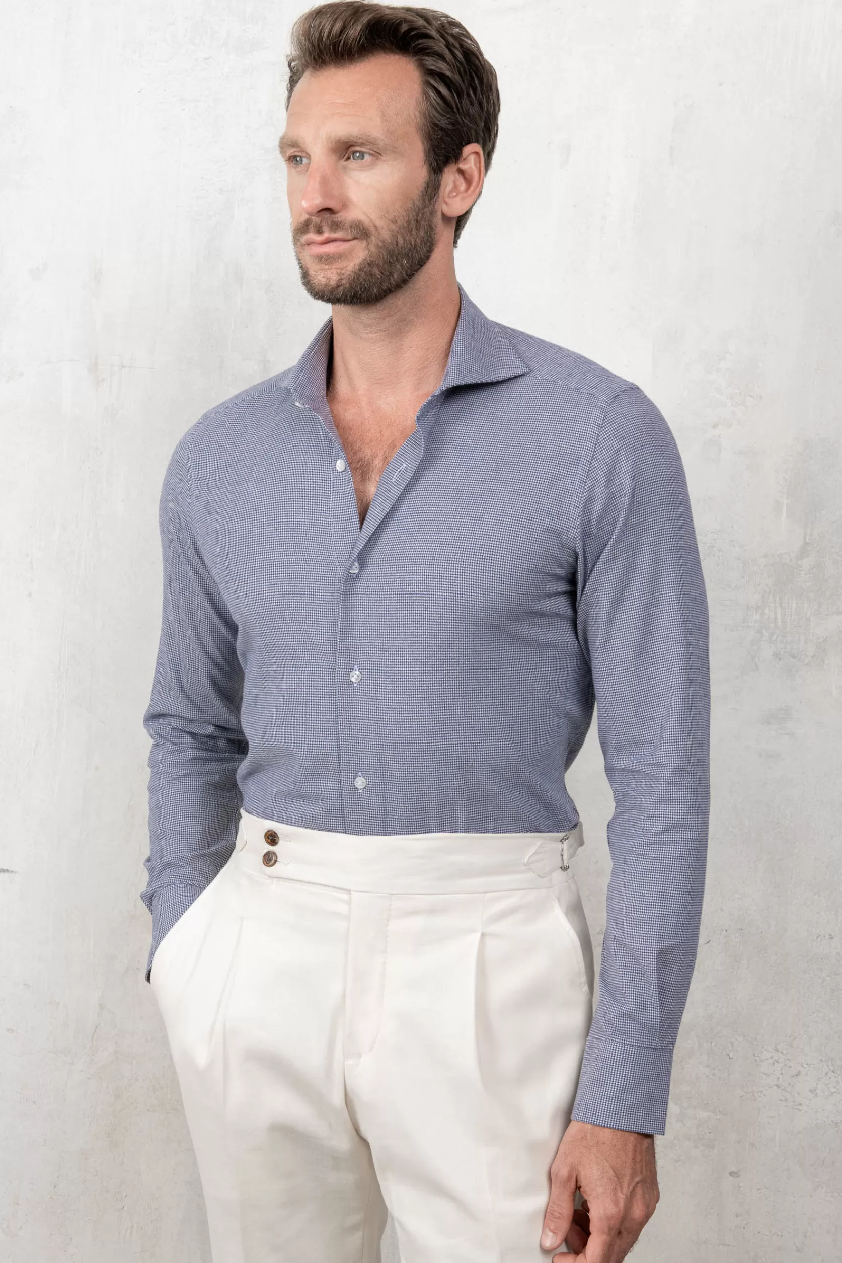 Chemise Pied-de-poule Bleu Clair - Made In Italy>Pini Parma New