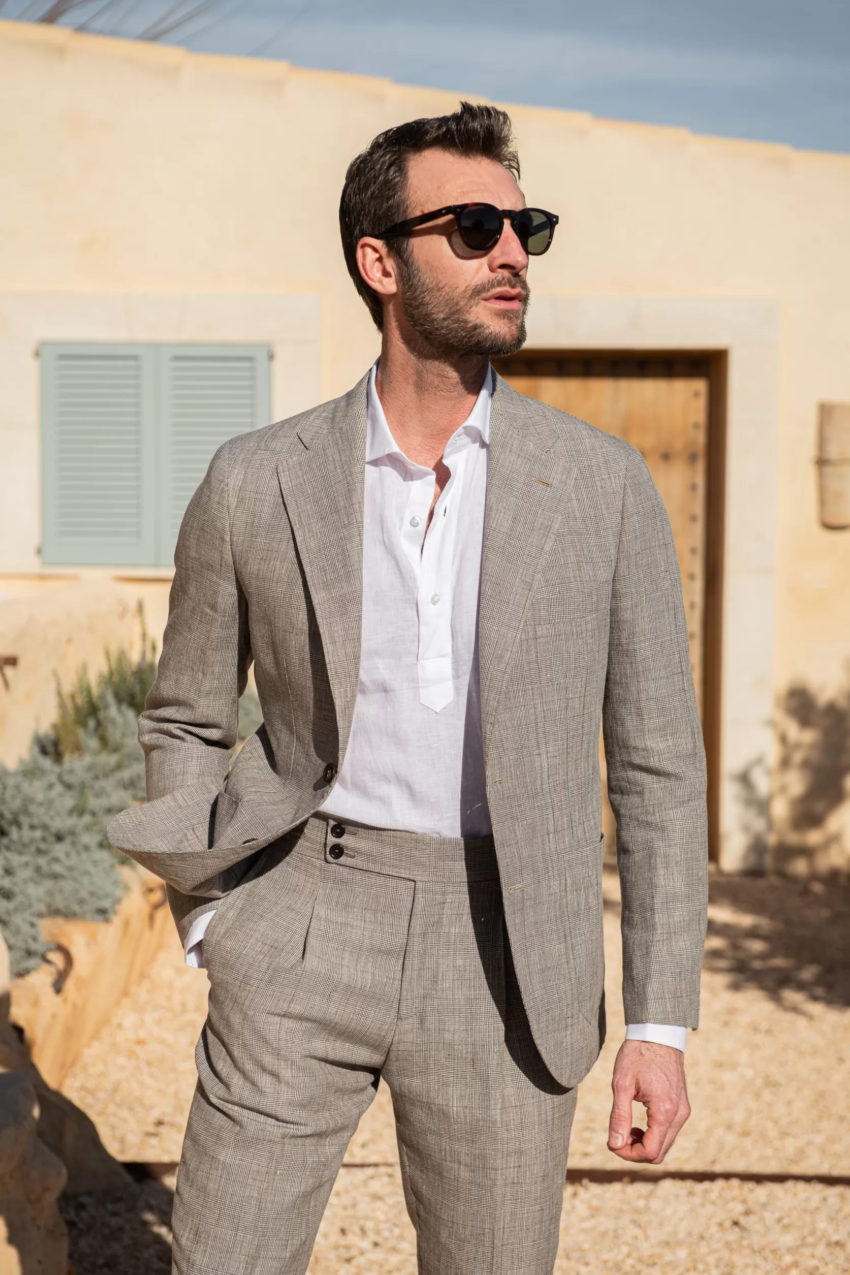 Costume Prince De Galles En Laine Et Lin Noisette - Made In Italy>Pini Parma Sale