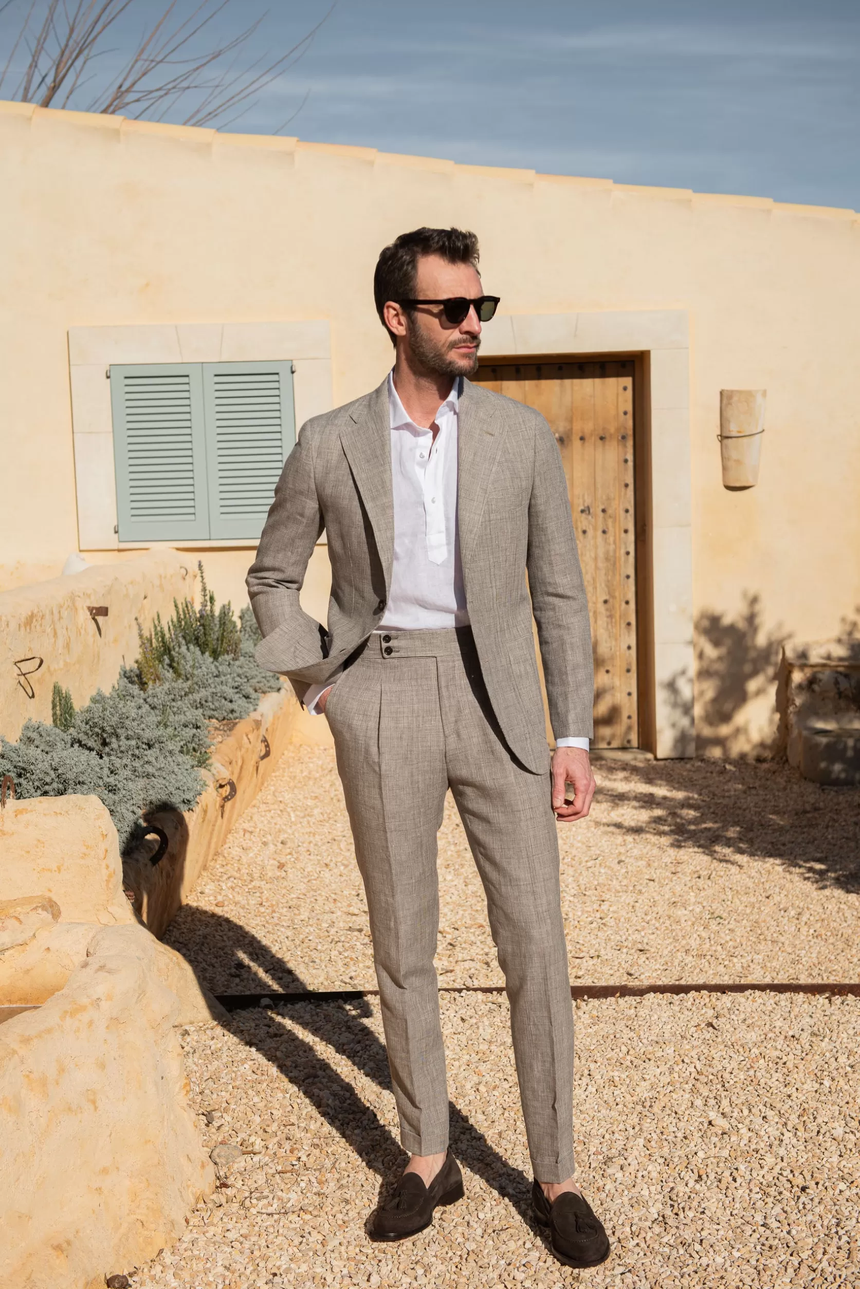 Costume Prince De Galles En Laine Et Lin Noisette - Made In Italy>Pini Parma Sale
