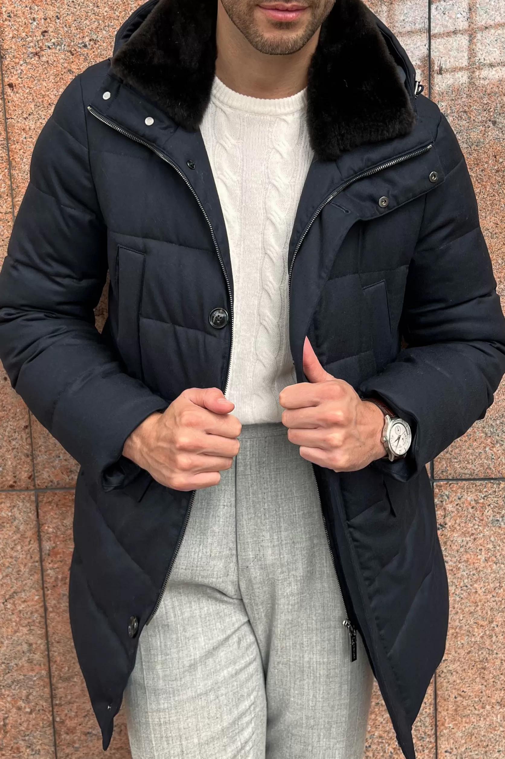 Doudoune Bleue Avec Col Amovible En Peau Lainée – Made In Italy>Pini Parma Clearance