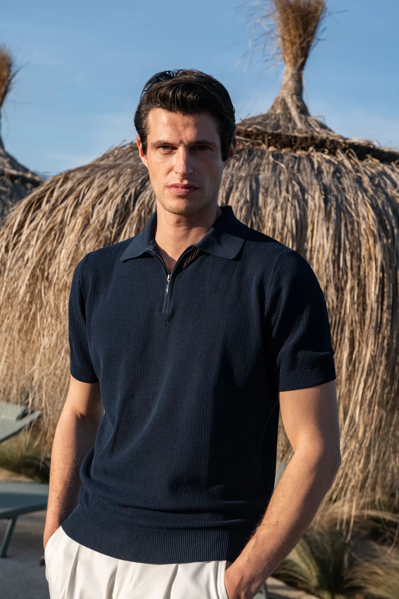 Polo En Maille Texturée Avec Zip - Made In Italy>Pini Parma New