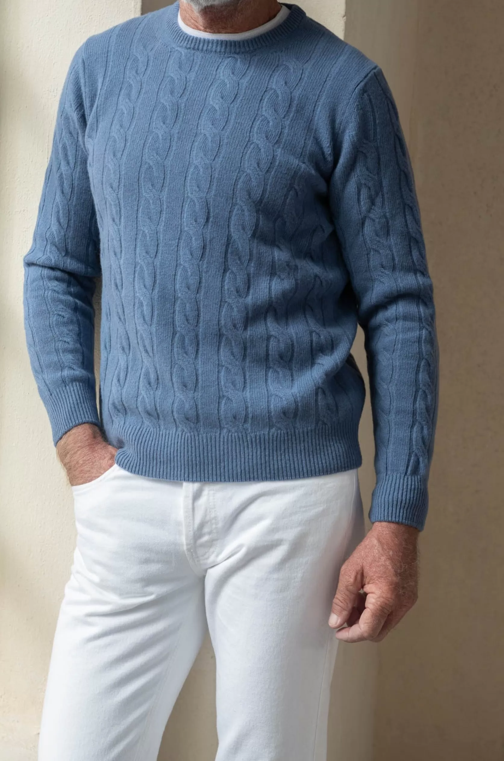 Pull En Maille Torsadée Bleu Poussiéreux – Fabriqué En Italie>Pini Parma Sale