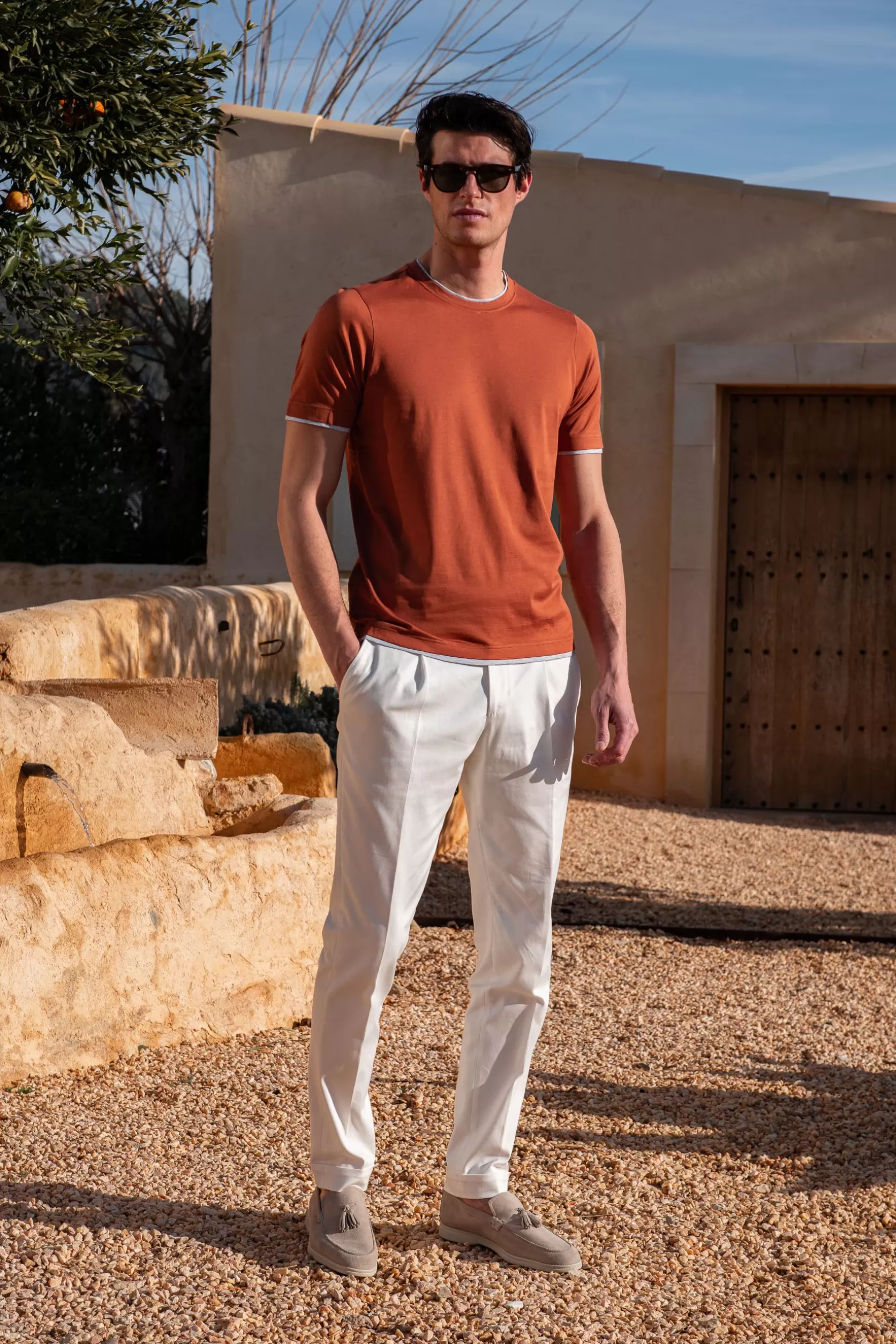 T-shirt En Coton Rouille Avec Détail Col - Made In Italy>Pini Parma Online