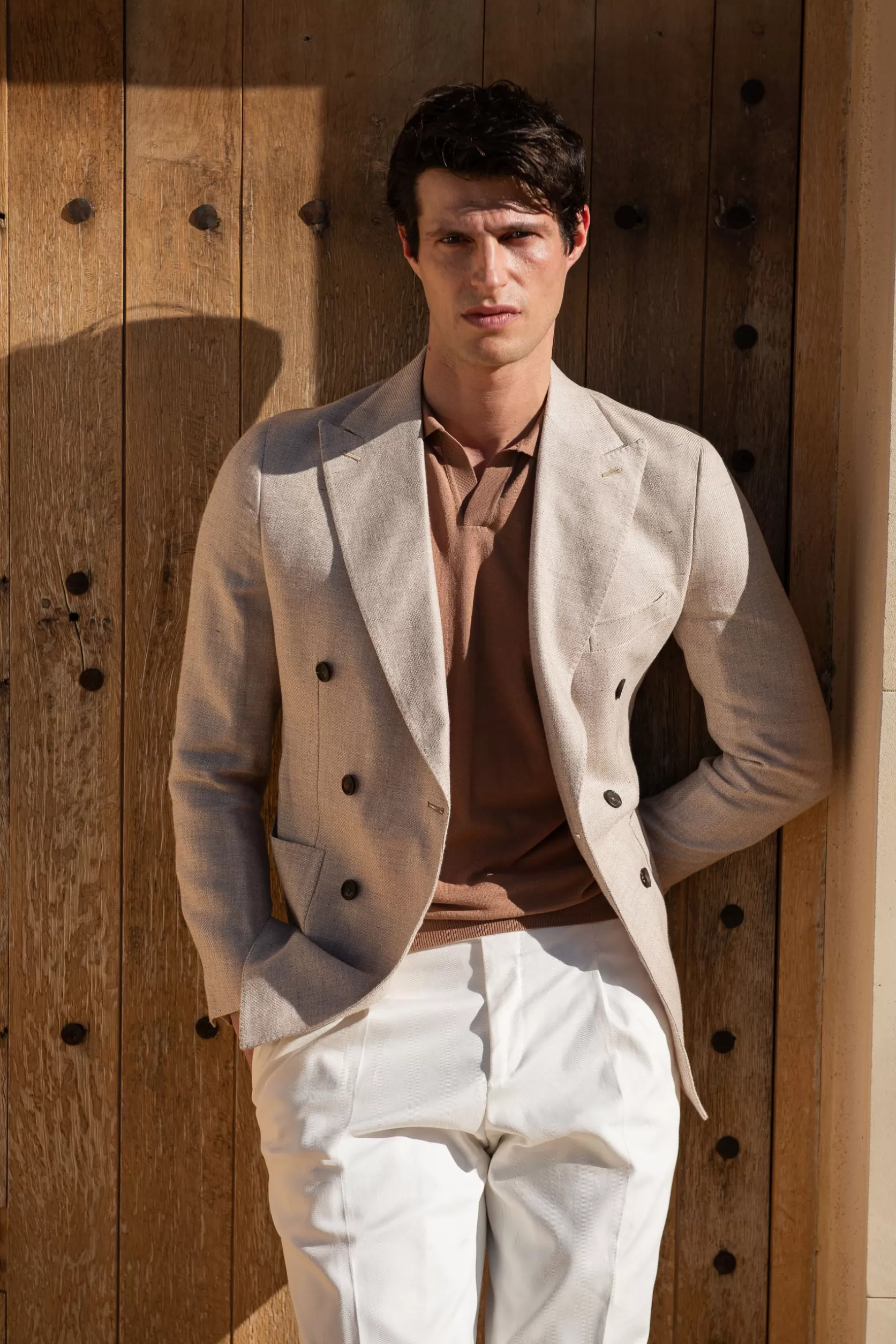 Veste Croisée Beige En Lin Coton Et Soie - Made In Italy>Pini Parma Online
