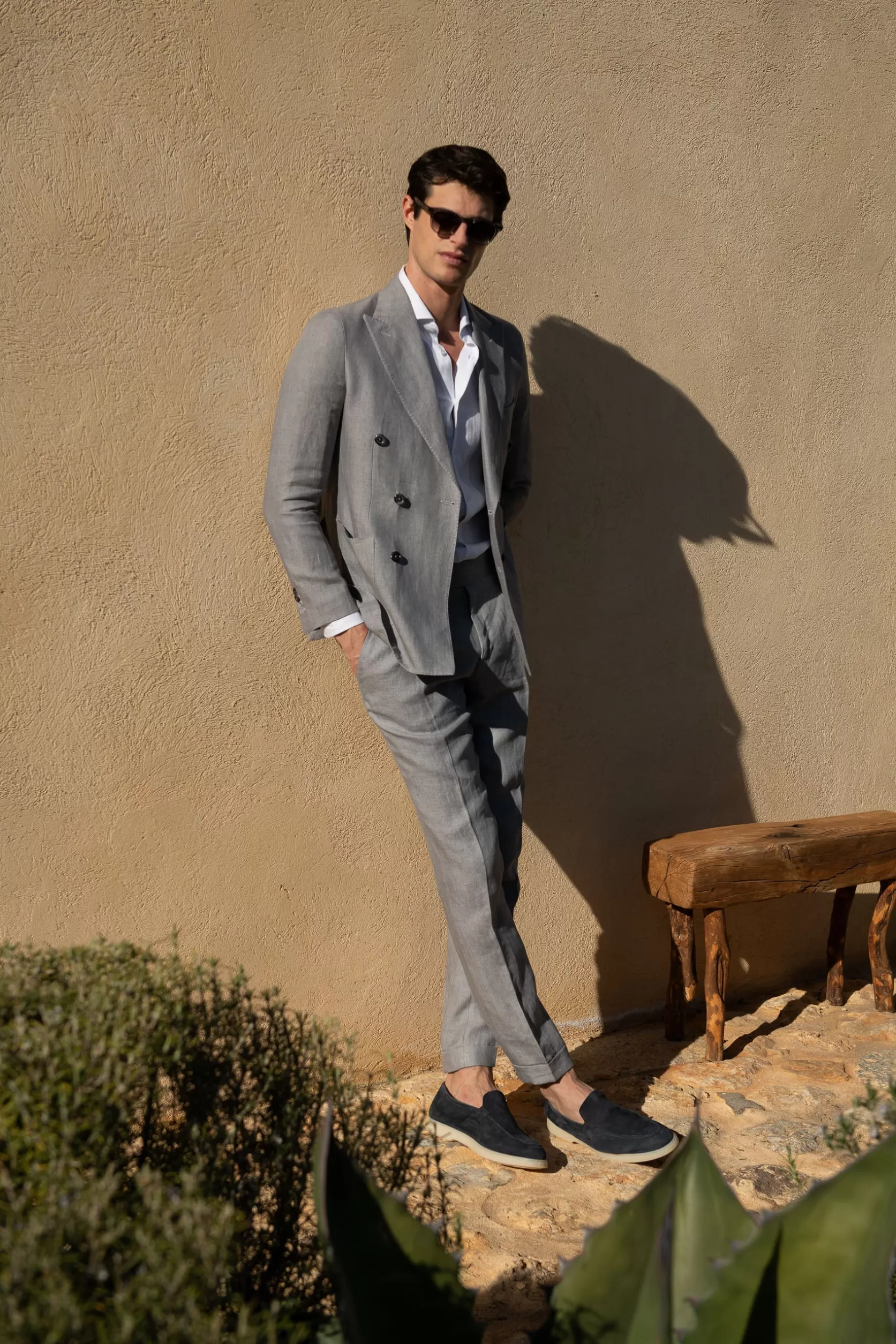 Veste Croisée En Lin à Chevrons Gris Ciel - Made In Italy>Pini Parma Clearance